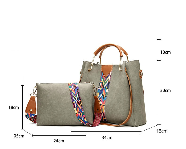 Suede Handbag with Colorful Strap 2pc Ladies Crossbody Bag TWH 16