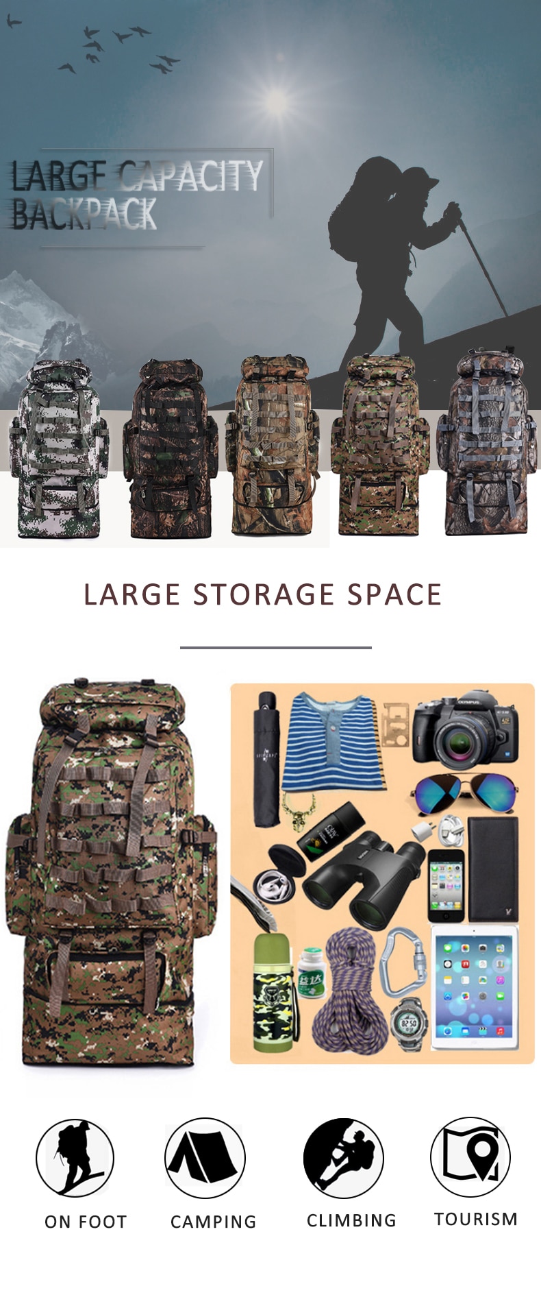 Large Capacity Backpack, Camping, Hiking, Water-repellent Tactical Bag (TCP01) Large Capacity Backpack, Camping, Hiking, Water-repellent Tactical Bag (TCP01)